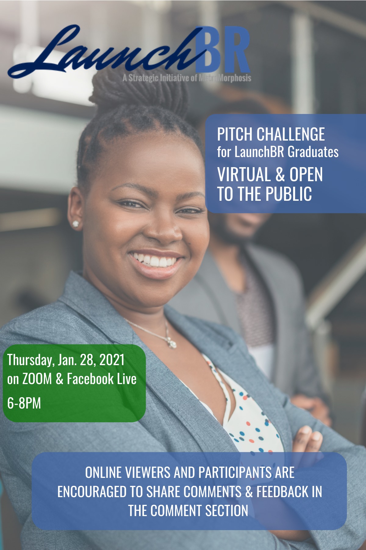 A smiling black woman on a graphic for LaunchBR